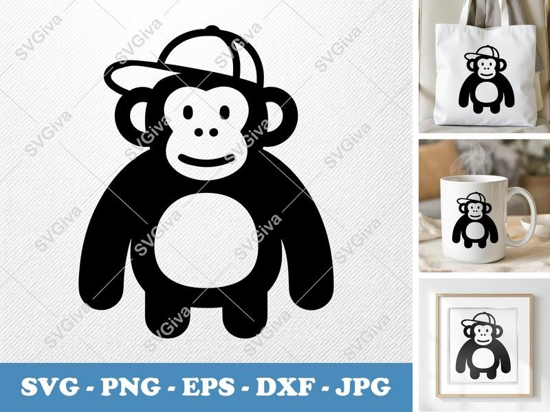 Chimpanzee in a Cap SVG | Friendly Rounded Bean-Shaped Cut File | PNG DXF EPS for Cricut Silhouette