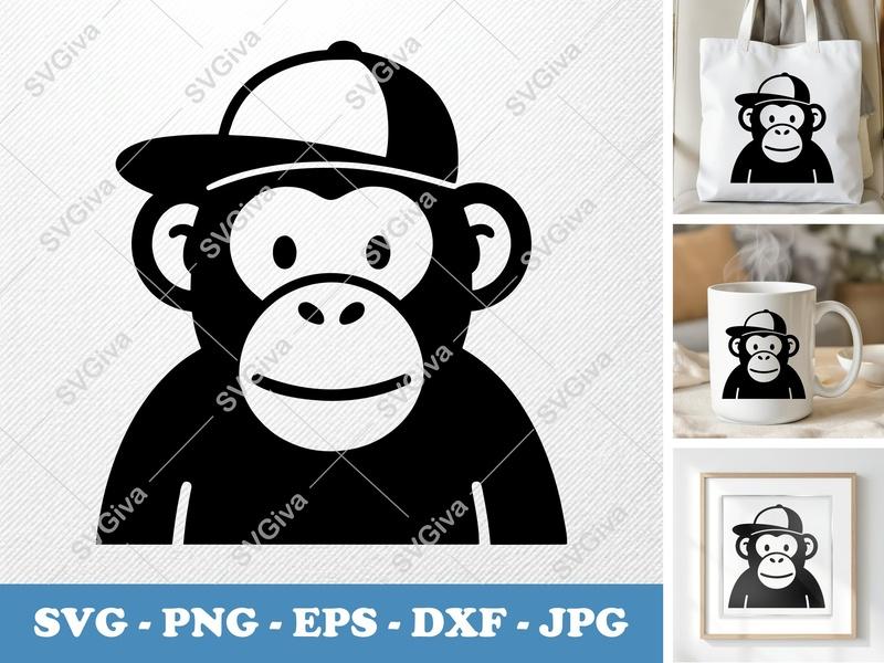 Chimpanzee in Cap SVG | Puffy Soft Forms | PNG DXF EPS | Cricut Silhouette Cut File
