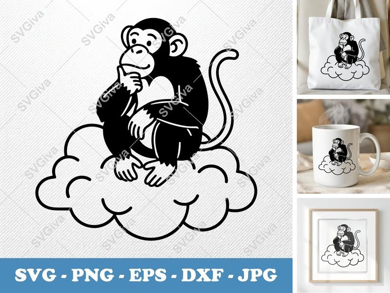 Chimpanzee on Cloud SVG | Minimalist Vector Cut File | Cricut Silhouette | PNG DXF EPS