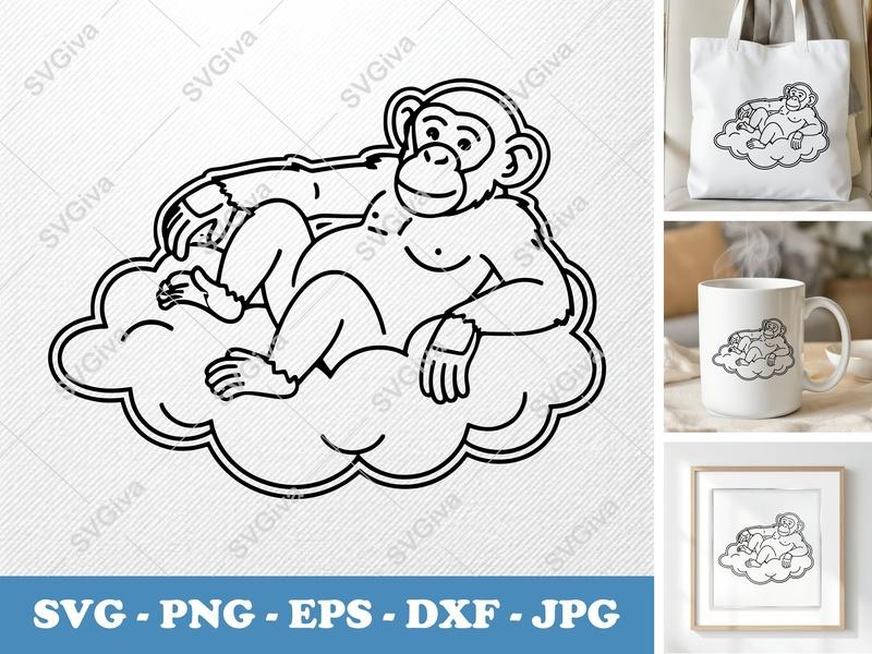 Chimpanzee on Cloud SVG | Outline Art Cut File | Basic Shapes Design | PNG DXF EPS for Cricut Silhouette