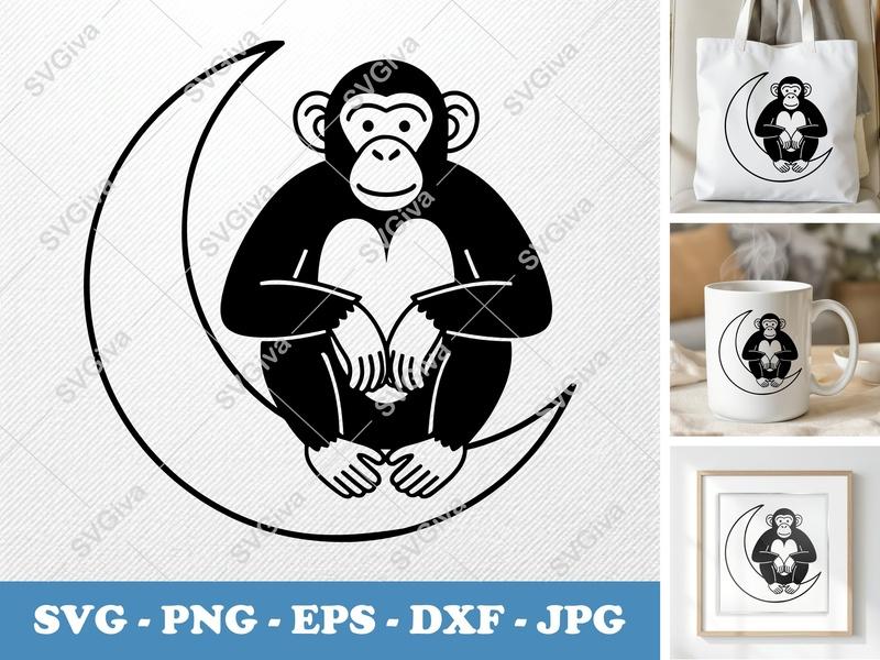 Chimpanzee on Moon SVG | Modern Monkey | Animal Cut File | PNG EPS DXF for Cricut, Silhouette, Vinyl Decal