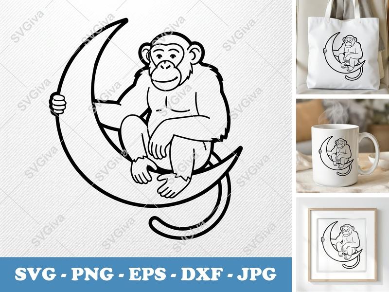 Chimpanzee on Moon SVG | Monkey Cut File, Crescent Moon Clipart | PNG EPS DXF for Cricut, Silhouette, Vector Art