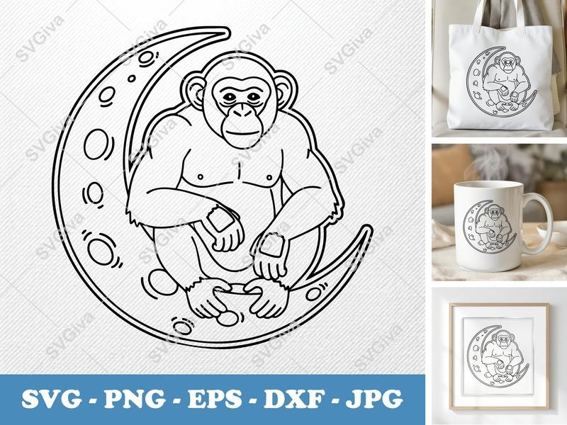 Chimpanzee on Moon SVG | Monkey Cut File | Modern Animal Line Art | PNG, EPS, DXF for Cricut & Silhouette | Celestial Primate