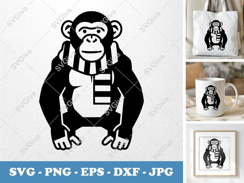Chimpanzee Scarf SVG | Double-Outline Minimalist Cut File | PNG DXF EPS for Cricut Silhouette