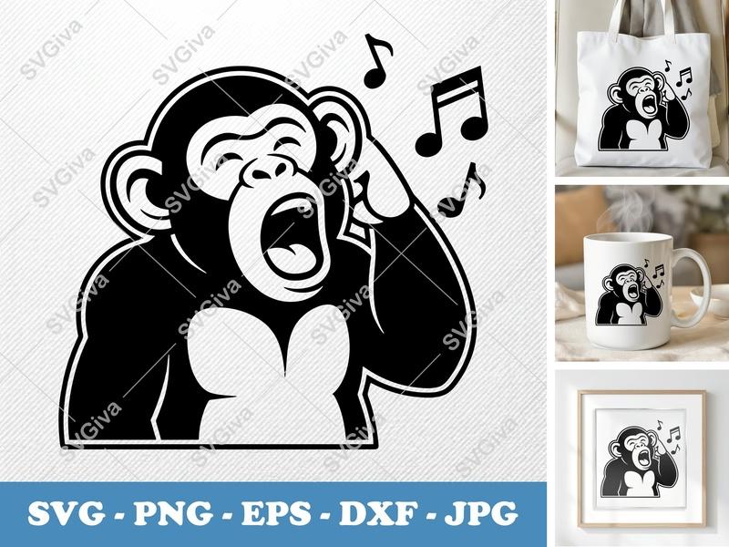 Chimpanzee Singing SVG | Double Outline Minimalist Cut File | PNG DXF EPS for Cricut Silhouette