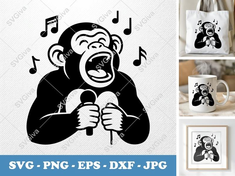 Chimpanzee Singing SVG, Monkey with Microphone, Music Notes PNG EPS DXF for Cricut | Silhouette Cut File, Animal Clipart
