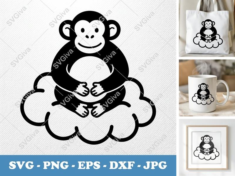 Chimpanzee Sitting on a Cloud SVG PNG DXF EPS | Cricut Silhouette Cut File
