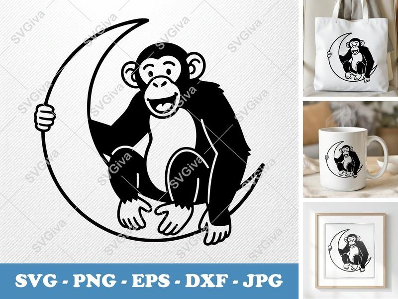 Chimpanzee sitting on a moon SVG | Bold Minimalist Design | PNG DXF EPS | Cricut Silhouette File