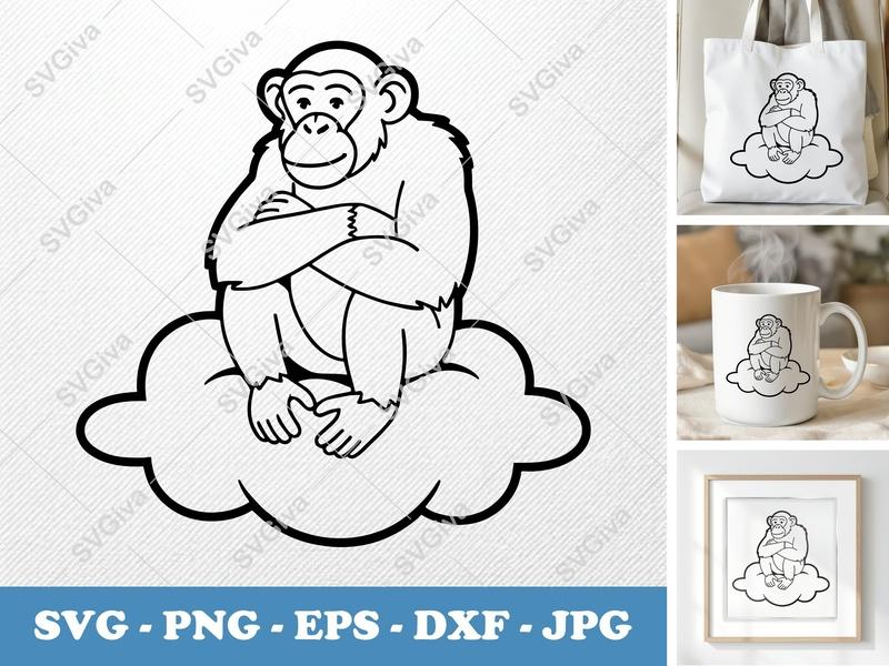 Chimpanzee Sitting on Cloud SVG | Modern Chimp Outline | PNG EPS DXF Cut File for Cricut & Silhouette | Monkey Clipart