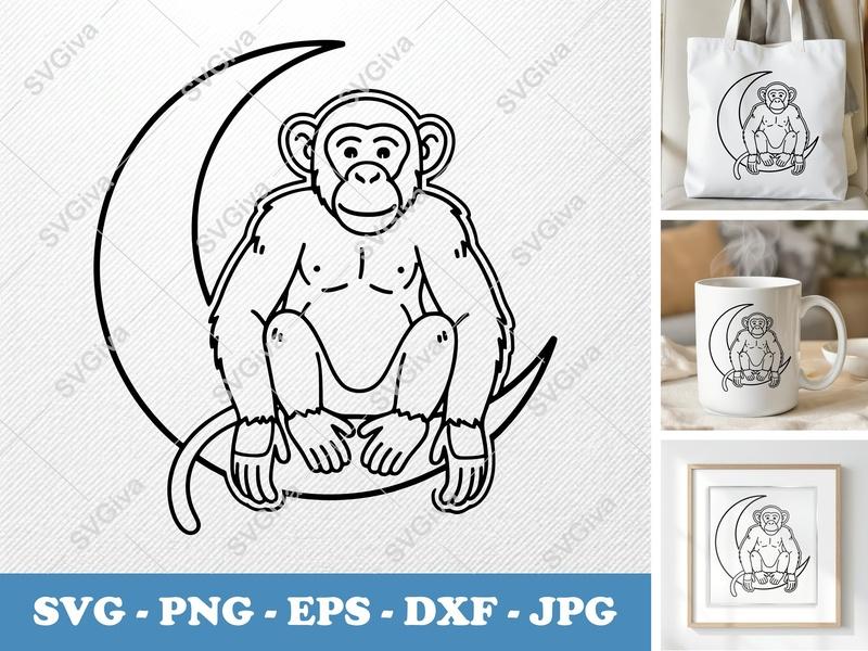 Chimpanzee Sitting on Moon SVG | Double-Outline Minimalist Design | PNG DXF EPS | Cricut Silhouette Cut File