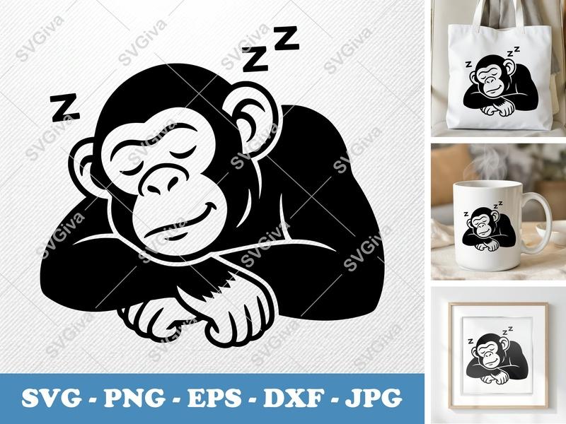 Chimpanzee Sleeping SVG | Monkey Napping Cut File, Modern Design | PNG EPS DXF | Cricut Silhouette File