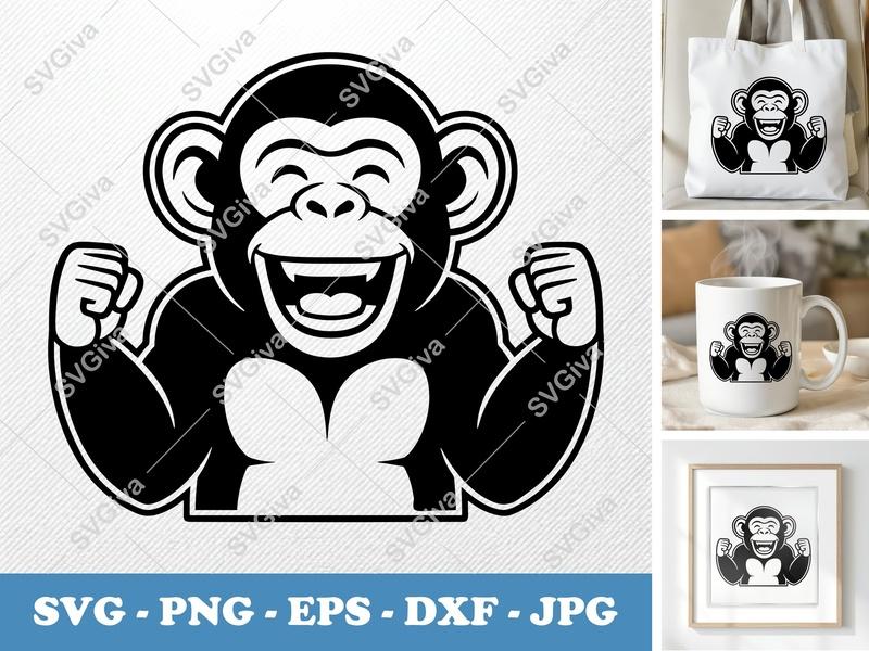 Chimpanzee Smiling Happily SVG | Double-Outline Cartoon Art | Thick Contour, Thin Lines | PNG DXF EPS | Cricut Silhouette File