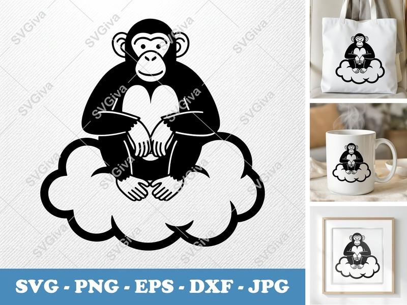 Chimpanzee SVG Cloud Sitting | Monkey Cut File, Primate Clipart | PNG EPS DXF | Cricut Silhouette Design
