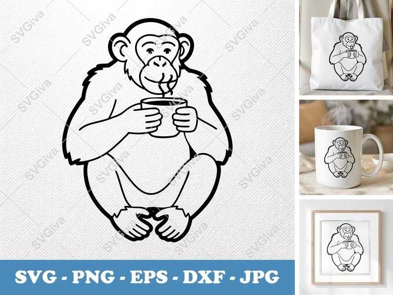 Chimpanzee SVG | Coffee Cup Monkey Design | Modern Animal Cut File | PNG EPS DXF for Cricut, Silhouette, Vector Art