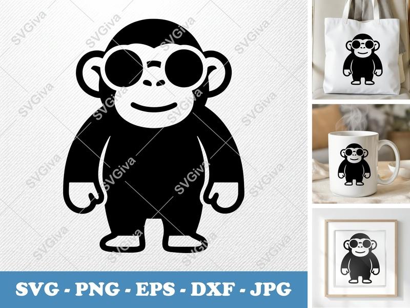 Chimpanzee SVG, Cool Monkey with Glasses | Modern Clean Design, Primate Clipart | PNG EPS DXF for Cricut, Silhouette