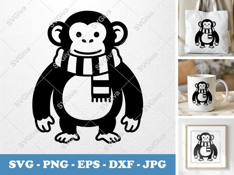 Chimpanzee SVG, Cute Chimp with Scarf Cut File, Modern Monkey Clipart | PNG EPS DXF for Cricut Silhouette