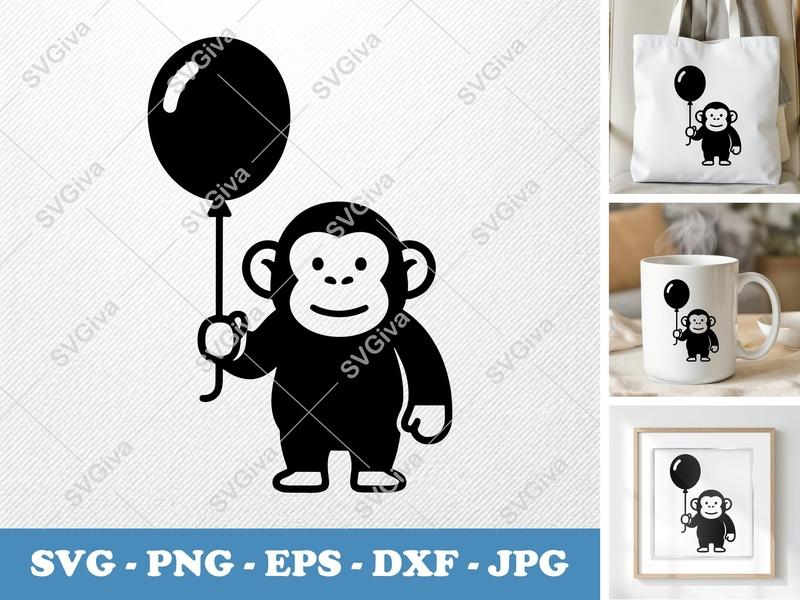 Chimpanzee SVG, Cute Monkey with Balloon Cut File | PNG EPS DXF for Cricut, Silhouette, Animal Clipart, Kids Craft