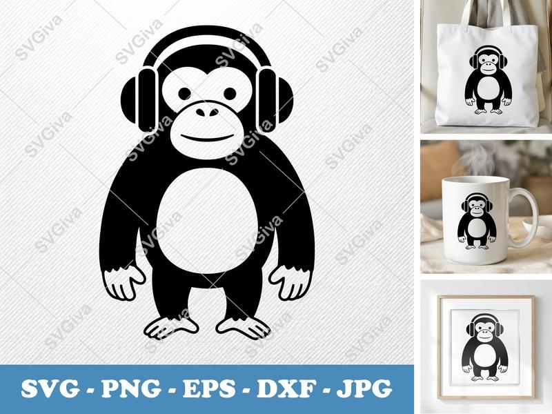 Chimpanzee SVG, DJ Monkey with Headphones Cut File, Modern Animal Clipart, PNG, EPS, DXF for Cricut & Silhouette