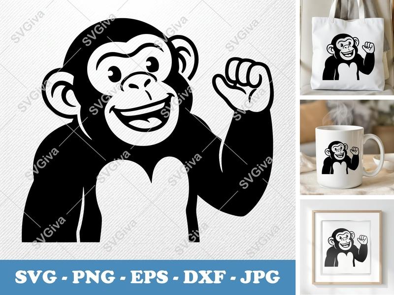 Chimpanzee SVG, Happy Monkey Cut File, Cartoon Chimp Clipart, Animal Vector | PNG EPS DXF for Cricut Silhouette