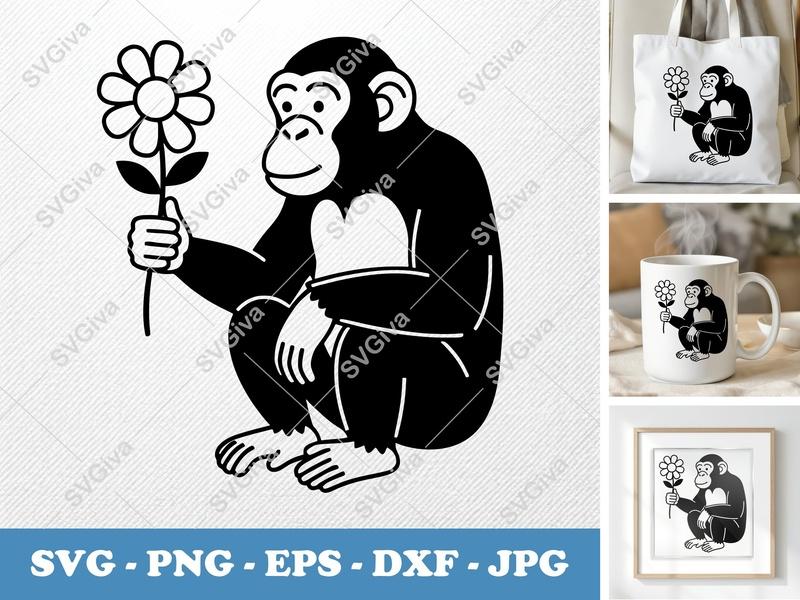 Chimpanzee SVG, Holding Flower, Modern Ape Cut File, Monkey Silhouette, PNG EPS DXF for Cricut & Silhouette