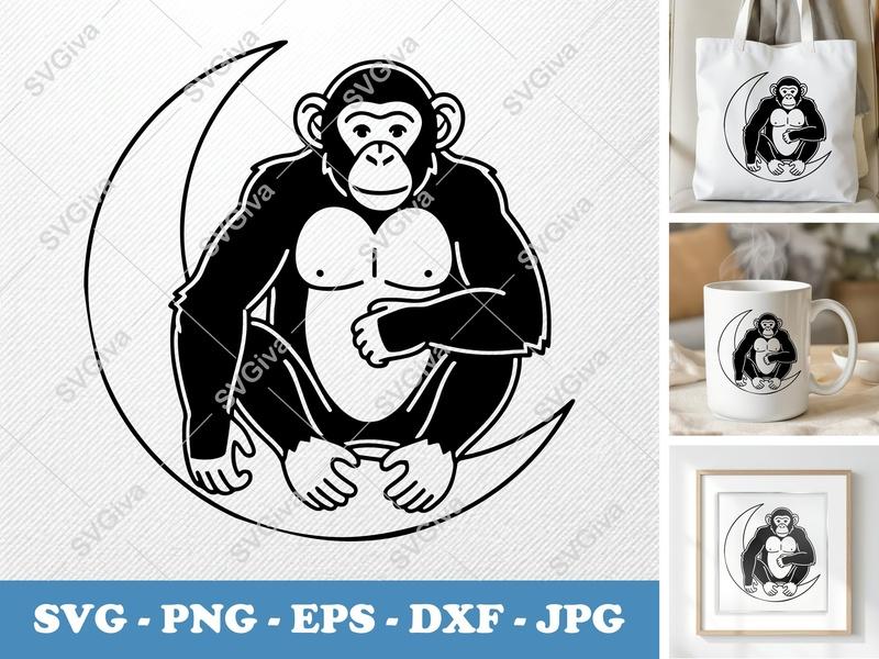 Chimpanzee SVG, Modern Ape on Moon Cut File | Monkey Clipart, Primate Vector | PNG EPS DXF for Cricut, Silhouette