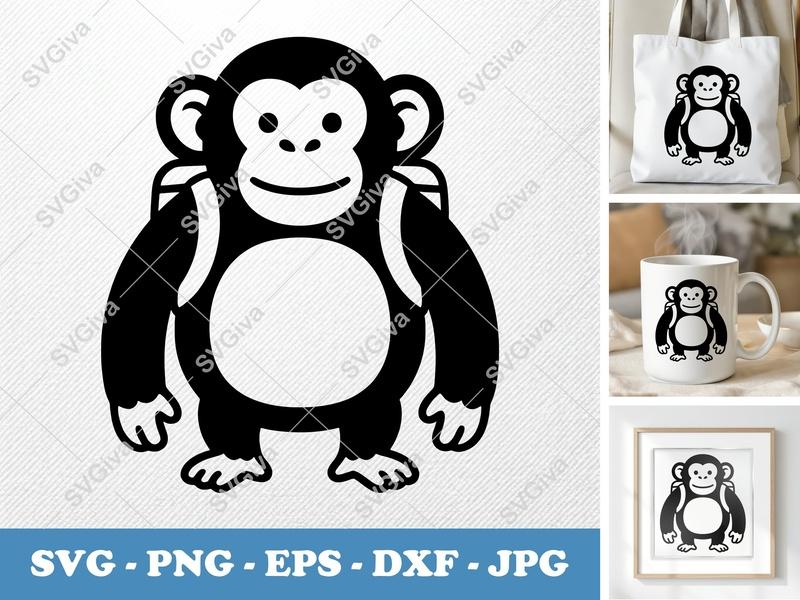 Chimpanzee SVG, Modern Chimp with Backpack Cut File | PNG, EPS, DXF for Cricut & Silhouette | Monkey Clipart Vector