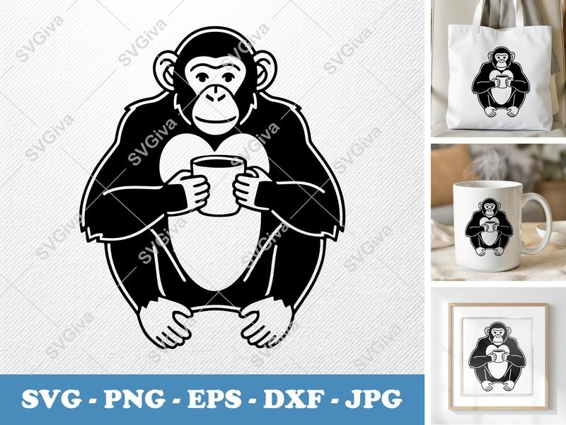 Chimpanzee SVG | Modern Chimp with Coffee Mug | Monkey Clip Art | PNG EPS DXF for Cricut Silhouette