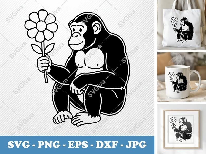 Chimpanzee SVG, Modern Chimp with Flower Cut File, Ape Clipart, Monkey PNG EPS DXF for Cricut Silhouette, Animal Vector Art