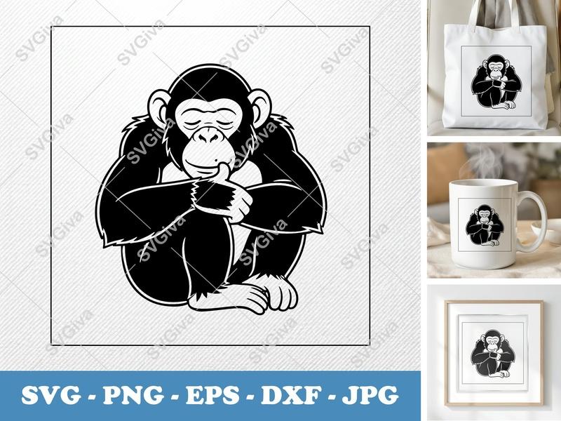Chimpanzee SVG, Modern Clean Monkey Cut File, Sitting Chimp Vector Art, PNG EPS DXF for Cricut & Silhouette, Digital Download
