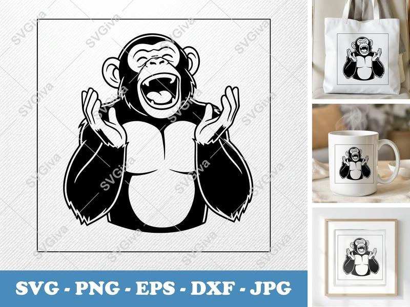 Chimpanzee SVG Modern Laughing Chimp Design | Monkey Clip Art, Primate Vector | PNG EPS DXF for Cricut, Silhouette