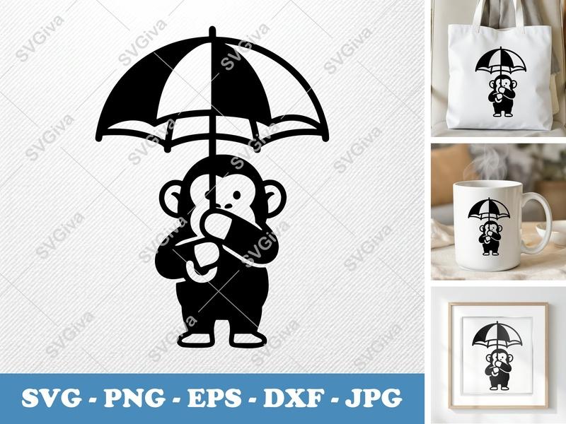 Chimpanzee SVG, Modern Umbrella Monkey Cut File | PNG EPS DXF | Cricut Silhouette File, Cute Animal Vector