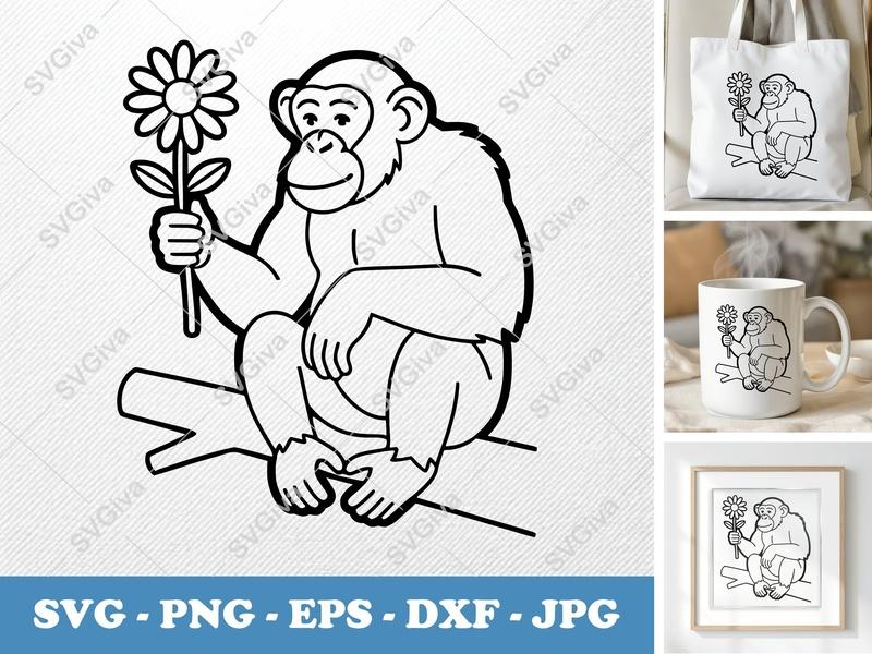 Chimpanzee SVG | Monkey with Flower | Animal Line Art | PNG EPS DXF | Cricut Silhouette File | Safari Zoo Clip Art