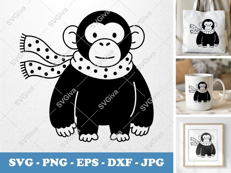 Chimpanzee SVG, Puffy Pillow-Soft Monkey with Scarf | PNG DXF EPS | Cricut Silhouette Cut File