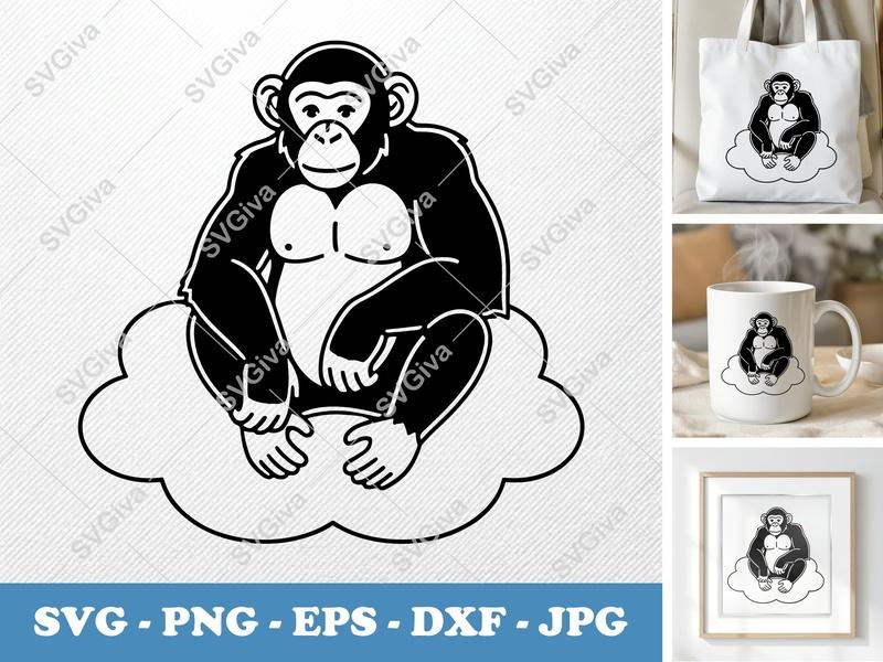 Chimpanzee SVG, Sitting Monkey on Cloud | Modern Clean Animal Cut File, PNG EPS DXF for Cricut Silhouette