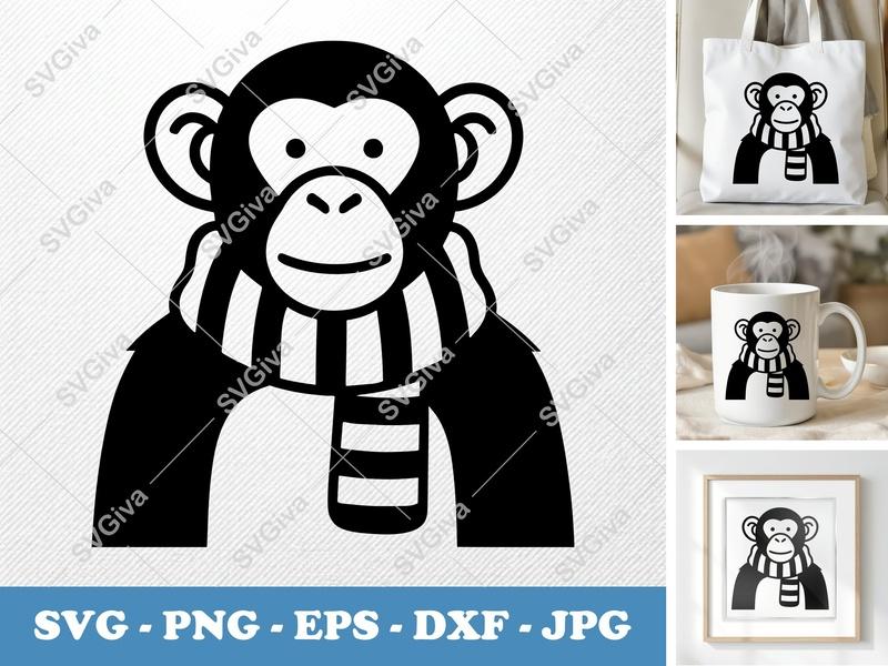 Chimpanzee wearing a scarf SVG | Minimalist Bold Contour Cut File | PNG DXF EPS for Cricut Silhouette