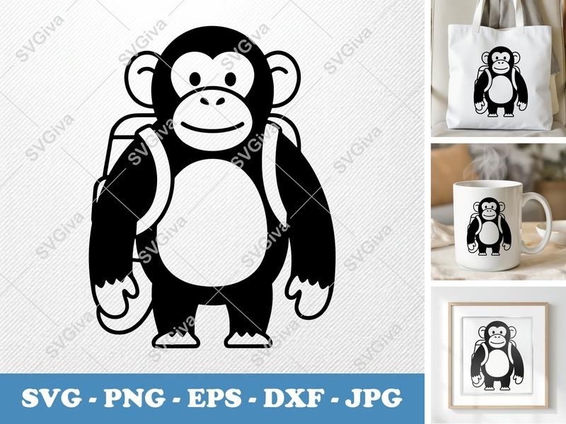 Chimpanzee Wearing Backpack SVG | Friendly Bean-Shaped Design | PNG DXF EPS | Cricut Silhouette File