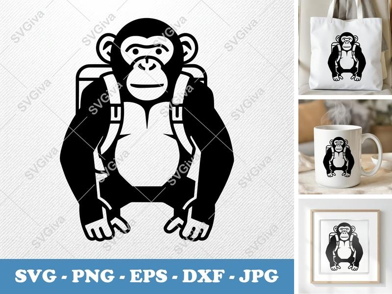 Chimpanzee Wearing Backpack SVG | Geometric Outline | Thick Contour PNG DXF EPS | Cricut Silhouette Cut File