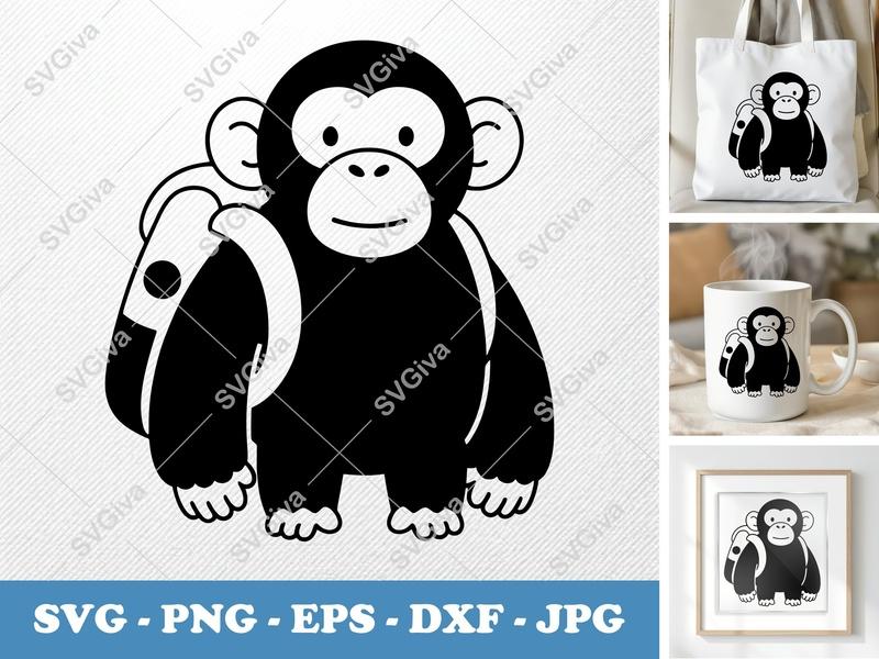 Chimpanzee Wearing Backpack SVG | Puffy Pillow Soft Design | PNG DXF EPS | Cricut Silhouette File