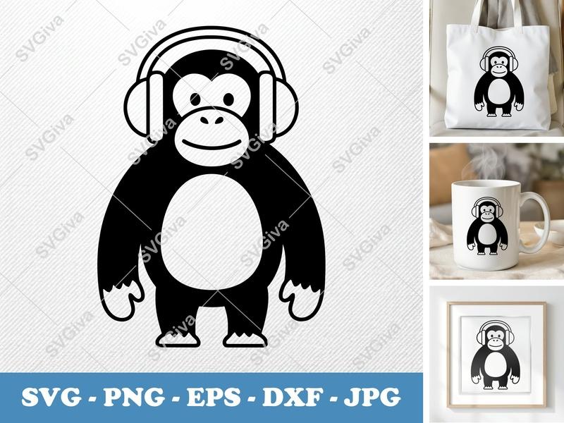 Chimpanzee Wearing Headphones SVG | Friendly Bean-Shaped Design | PNG DXF EPS | Cricut Silhouette File