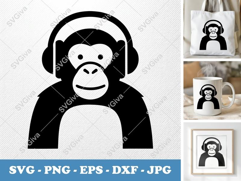 Chimpanzee wearing Headphones SVG | Minimalist Bold Contour | PNG DXF EPS | Cricut Silhouette Cut File