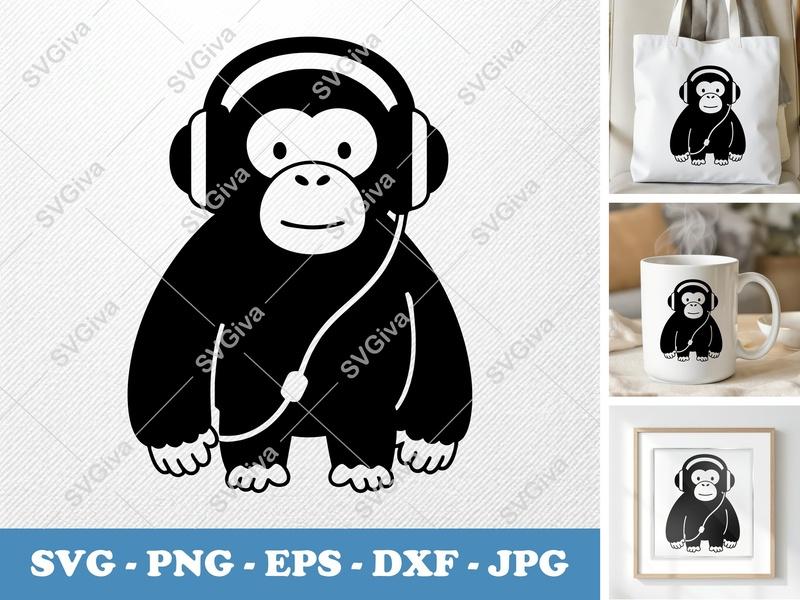 Chimpanzee Wearing Headphones SVG | Puffy Cartoon Cut File | SVG PNG DXF EPS | Cricut Silhouette | Animal Design