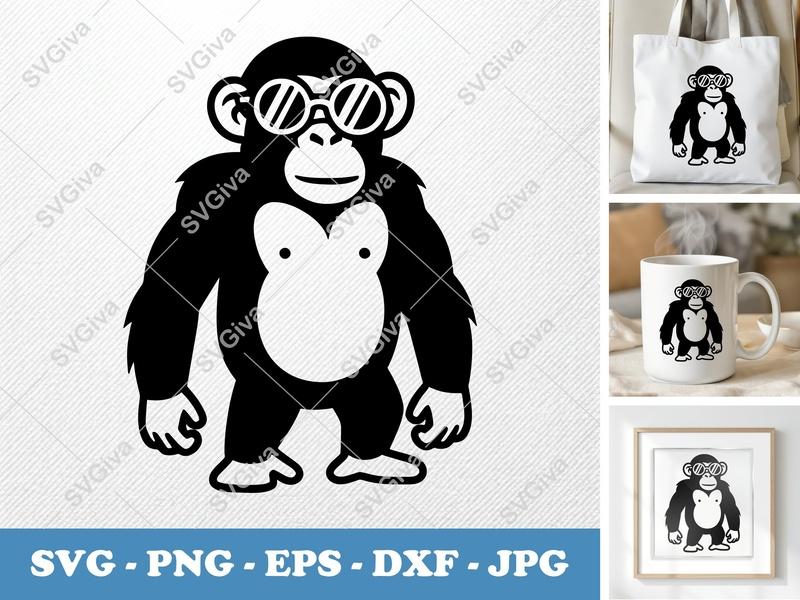 Chimpanzee Wearing Sunglasses SVG | Bold Contour Minimalist Cut File | PNG DXF EPS for Cricut Silhouette