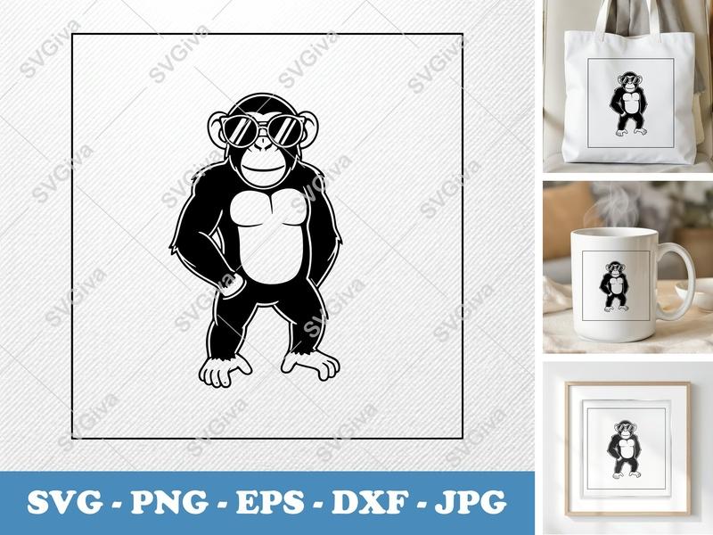 Chimpanzee Wearing Sunglasses SVG | Double-Outline Cartoon Style | PNG DXF EPS | Cricut Silhouette Cut File