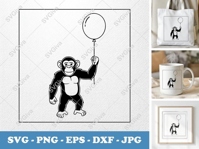 Chimpanzee with balloon SVG | Double-Outline Minimalist Design | PNG DXF EPS | Cricut Silhouette Cut File