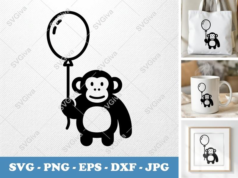 Chimpanzee with Balloon SVG | Friendly Bean-Shaped Cut File | PNG, DXF, EPS for Cricut & Silhouette