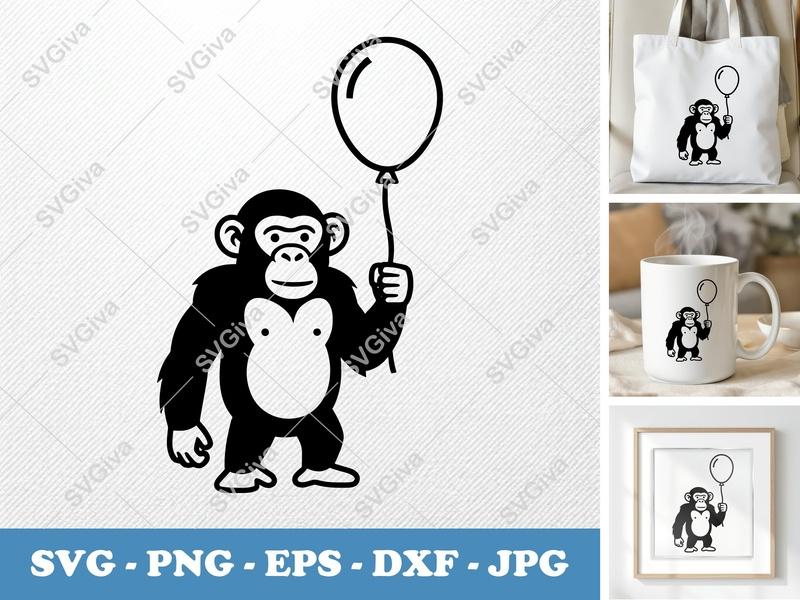 Chimpanzee with Balloon SVG | Minimalist Vector Cut File | PNG DXF EPS | Cricut Silhouette Design