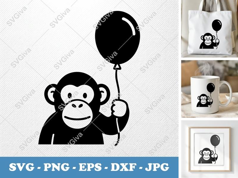 Chimpanzee with Balloon SVG | Puffy Inflated Shapes | PNG DXF EPS Files | Cricut Silhouette Ready