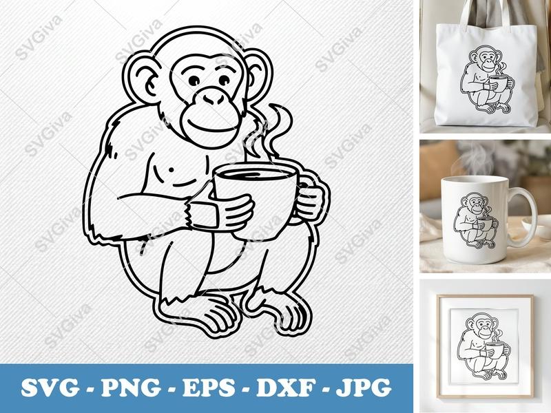 Chimpanzee with Coffee Cup SVG | Double-Outline | Basic Shapes | PNG DXF EPS | Cricut Silhouette File