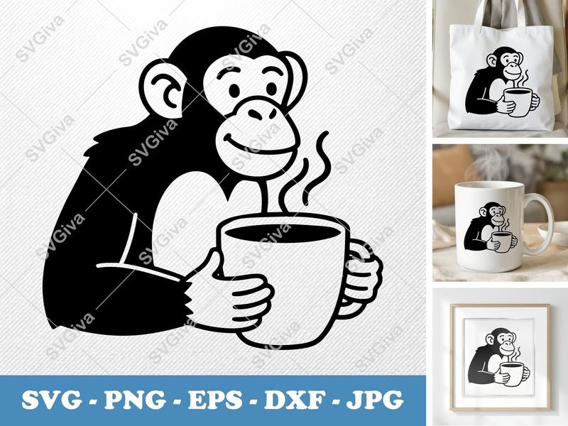 Chimpanzee with Coffee Cup SVG | Minimalist Bold Contour PNG DXF EPS | Cricut Silhouette Cut File