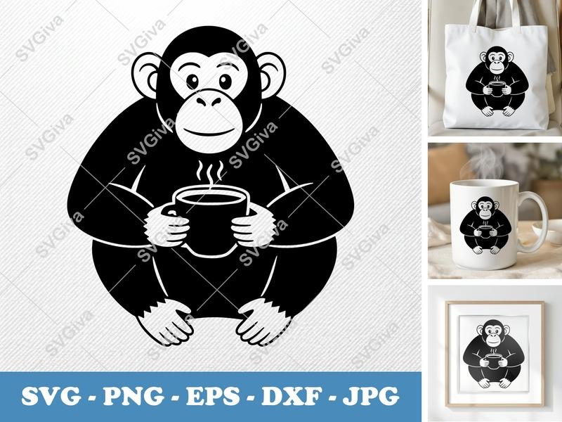 Chimpanzee with Coffee Cup SVG PNG DXF EPS | Cricut Silhouette Cut File Vector Design
